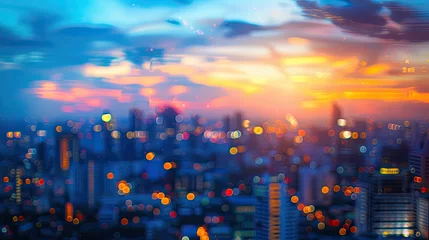 Deurstickers Blur Background city abstract with sunset and beautiful lighting bokeh motion focus in the morning. © Santy Hong