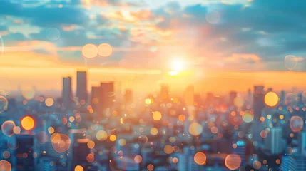 Gordijnen Blur Background city abstract with sunset and beautiful lighting bokeh motion focus in the morning. © Santy Hong
