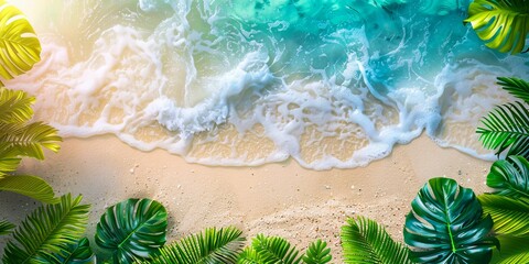 Shimmering turquoise summer tide meets sand with lush green foliage under sunlight. Perfect for copy space - obrazy, fototapety, plakaty