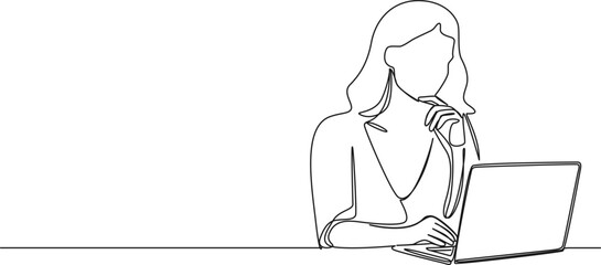 continuous single line drawing of woman using laptop computer, line art vector illustration © Christian Horz