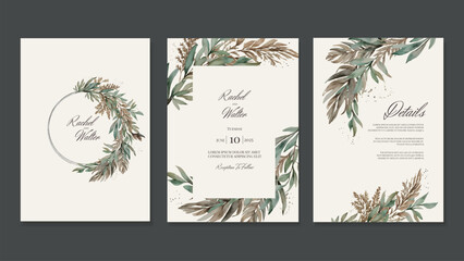 Elegant Wedding Invitation in Natural Rustic Boho Style with Watercolor Leaves. Bouquets of their Dry Flowers, Cereals, Pampas Grass. Vector