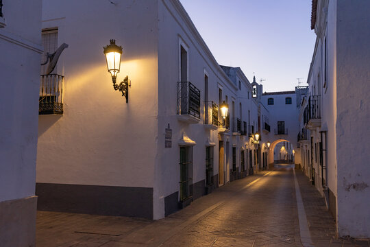 Streets of the beautiful village of Olivenza with its white typical houses at night. Badajoz, Extremadura, Spain