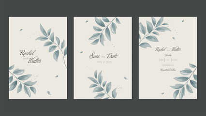Wedding Invitation with Beautiful Blue Leaves in Watercolor Style. Vintage Wedding Templates. Vector