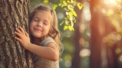 Cute little girl hugging big tree trunk during daytime.