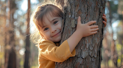 Cute little girl hugging big tree trunk during daytime.