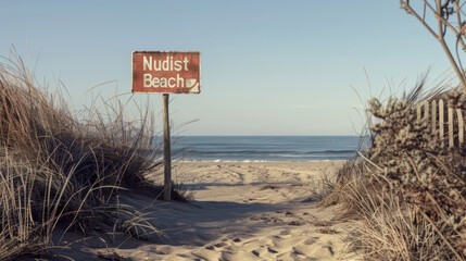 Naturism concept image with entrance of a naturist beach with a sign written nudist beach
