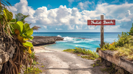 Naturism concept image with entrance of a naturist beach with a sign written nudist beach - Powered by Adobe