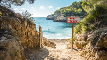 Naturism concept image with entrance of a naturist beach with a sign written nudist beach - obrazy, fototapety, plakaty