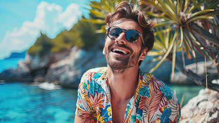 Portrait of nice cheerful man wear trendy clothes enjoy vacation good mood carefree time moments outdoors. - obrazy, fototapety, plakaty