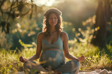 Pregnant woman finds solace and strength through yoga amidst lush surroundings.
