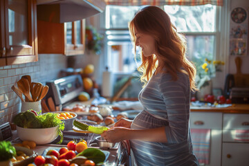 Nutrition in pregnancy. A pregnant woman prepares a wholesome meal in her kitchen