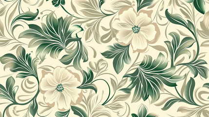 Fototapeta na wymiar Seamless beige and green floral vector wallpaper pattern. Seamless wrapping paper, textile or upholstery flower print.