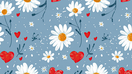 Seamless patterns with daisy flower, meadow and hand drawn hearts on blue backgrounds vector illustration. Cute summer wallpaper.
