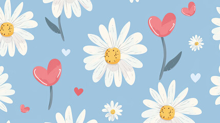 Fototapeta na wymiar Seamless patterns with daisy flower, meadow and hand drawn hearts on blue backgrounds vector illustration. Cute summer wallpaper.