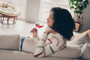 Photo portrait of attractive young woman sit sofa drink wine dressed casual clothes cozy day light...