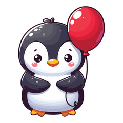Cute little penguin holds a red balloon vector illustration