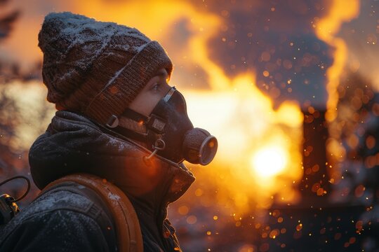 An intense image of a firefighter in protective gear braving a massive blaze during a firefighting operation