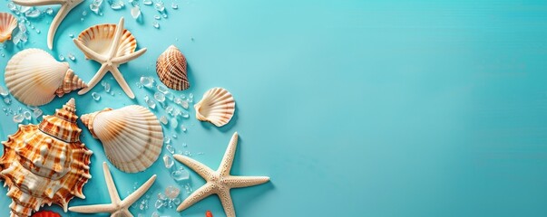 turquoise backdrop with seashells and starfish. Summer marine layout