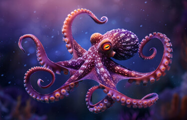 Octopus swimming in the deep sea