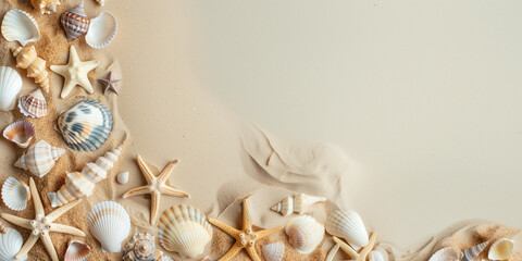 Sandy background with seashells and starfish. Summer marine layout