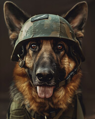 German shepherd in military helmet