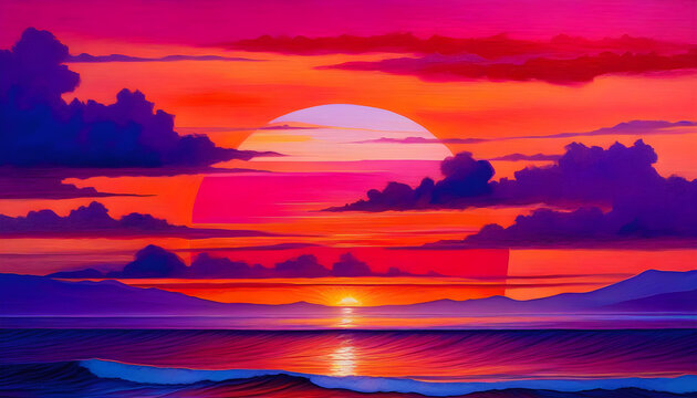 An abstract painting of a sunset with bold brushstrokes and vibrant colors