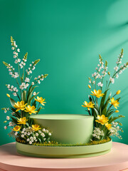 Green Spring Flower Display Background, product platform scene display, product platform scene display, spring podium, beautiful spring flowers, colourful spring mock up, abstract studio pedestal, ad