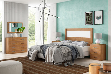 Interior design of a double bedroom with minimalist trend furniture, vintage style, augmented reality, mockup,