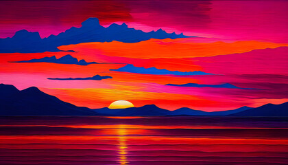 A painting of a sunset sky with a blend of red, pink, and orange hues