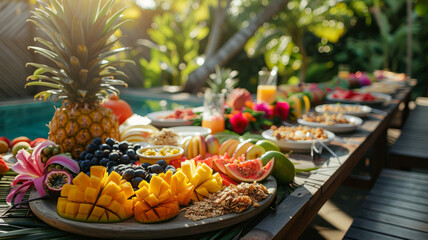 Tropical fruit buffet laid outdoors.