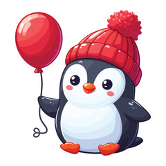 Cute little penguin holds a red balloon vector illustration