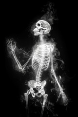 Human skeleton covered and surrounded by grey smoke on black background. 