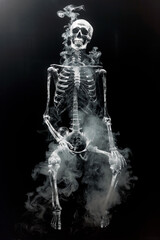 Human skeleton covered and surrounded by grey smoke on black background. 