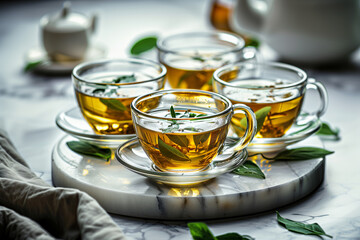 Serene scene of four tea cups, each containing golden herbal tea. The marble tray and delicate green leaves contribute to the overall elegance, while the soft lighting enhances the warmth - 764702002