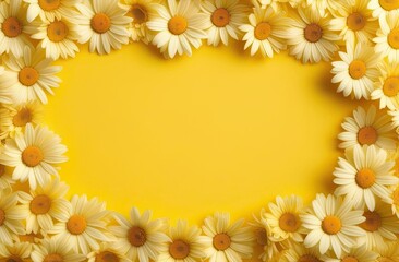 yellow background with daisy flowers, border, postcard, copy space, design