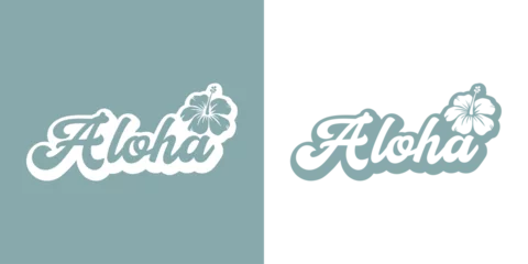 Fototapeten Logo vacaciones en Hawái. Letras de la palabra hawaiana aloha en texto manuscrito con silueta de flor de hibisco con sombra © teracreonte