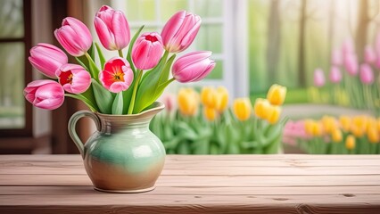 vase of flowers standing on the windowsill against the backdrop of a garden with flowers, copy space