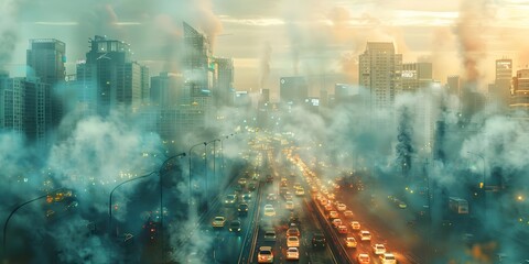 Concept of pollution in urban environment caused by heavy traffic congestion. Concept Urban Pollution, Traffic Congestion, Environmental Degradation, Public Health, Sustainable Transportation - obrazy, fototapety, plakaty