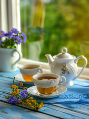 Morning tea session. Two cups of freshly brewed tea, accompanied by a white teapot, rest on a wooden table adorned with a blue cloth. Copy space - 764702465