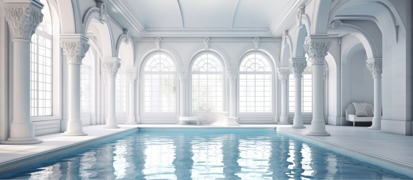 This image features a detailed close-up of a peaceful pool within a majestic structure, adorned with beautiful arches