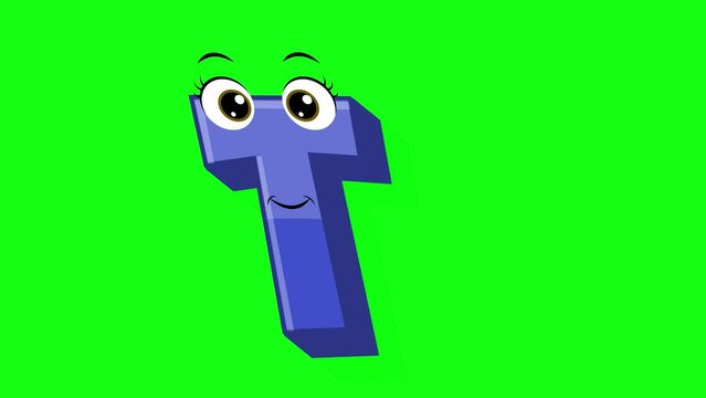 Cartoon style letter t 2d animation with green screen background, t alphabet dancing letters for little kids