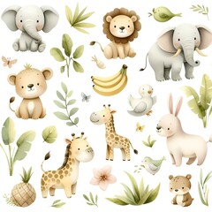 Animals and fruits in a jungle with seamless pattern, watercolor style, illustration