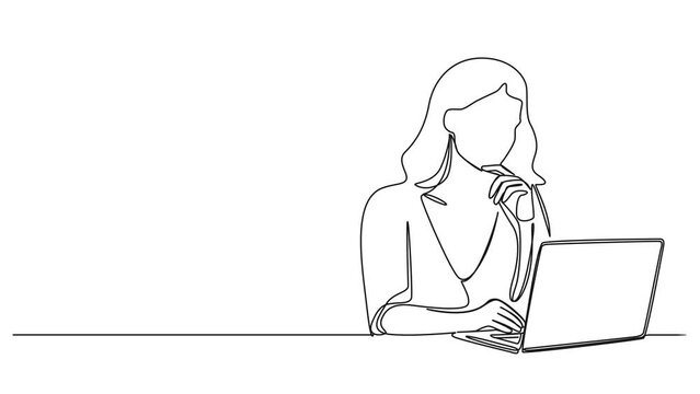 animated continuous single line drawing of woman using laptop computer, line art animation