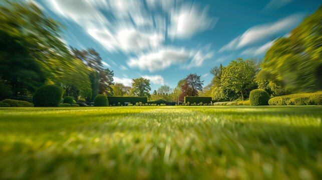 A beautifully blurred background image of spring nature featuring a neatly trimmed lawn surrounded by trees against a blue sky with clouds, evoking a sense of tranquility on a sunny day