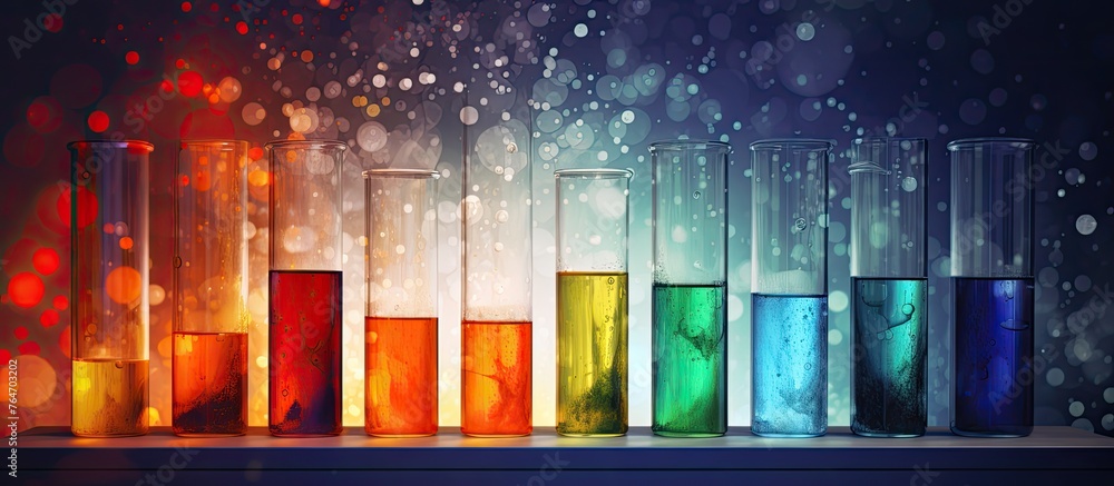 Poster capturing a row of test tubes each containing different hued fluids