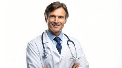 Confident doctor with stethoscope in professional coat smiling