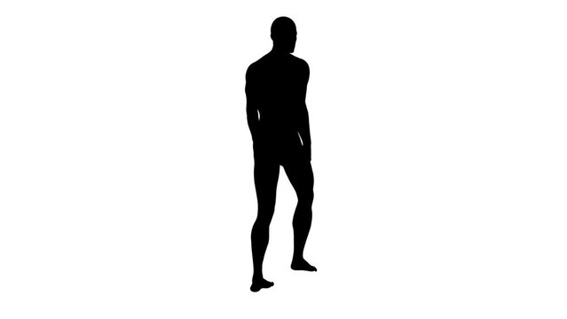 3D Render : a silhouettes walking male character with white background, 45 degrees back view