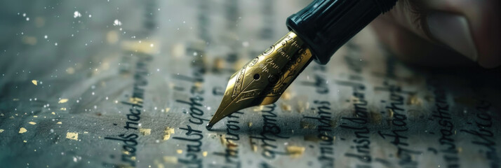 A person writing on a book with a fountain pen, focusing intently on their task - obrazy, fototapety, plakaty