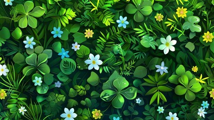 A seamless pattern of spring grass and related icons in 3D vector format, offering a continuous design for various applications - obrazy, fototapety, plakaty