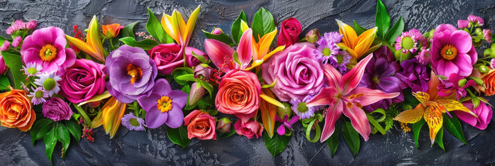 Several vibrant flowers arranged in a bunch, placed on a wall for decorative purposes